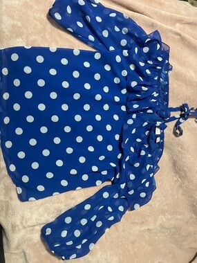 New York & Company Royal Blue Polka Dot Off-Shoulder Blouse